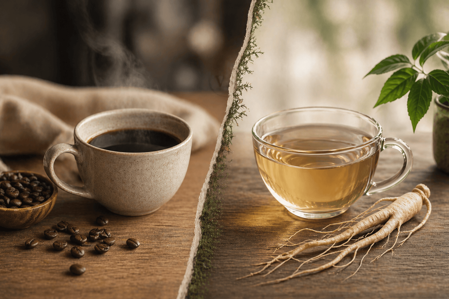 ginseng tea vs coffee cups comparison showing calm herbal energy and caffeine stimulation for daily focus