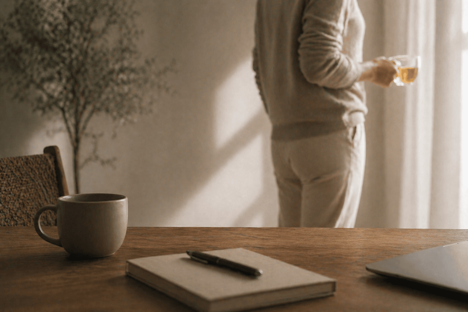 person drinking ginseng tea as a coffee alternative showing calm energy and daily focus without caffeine