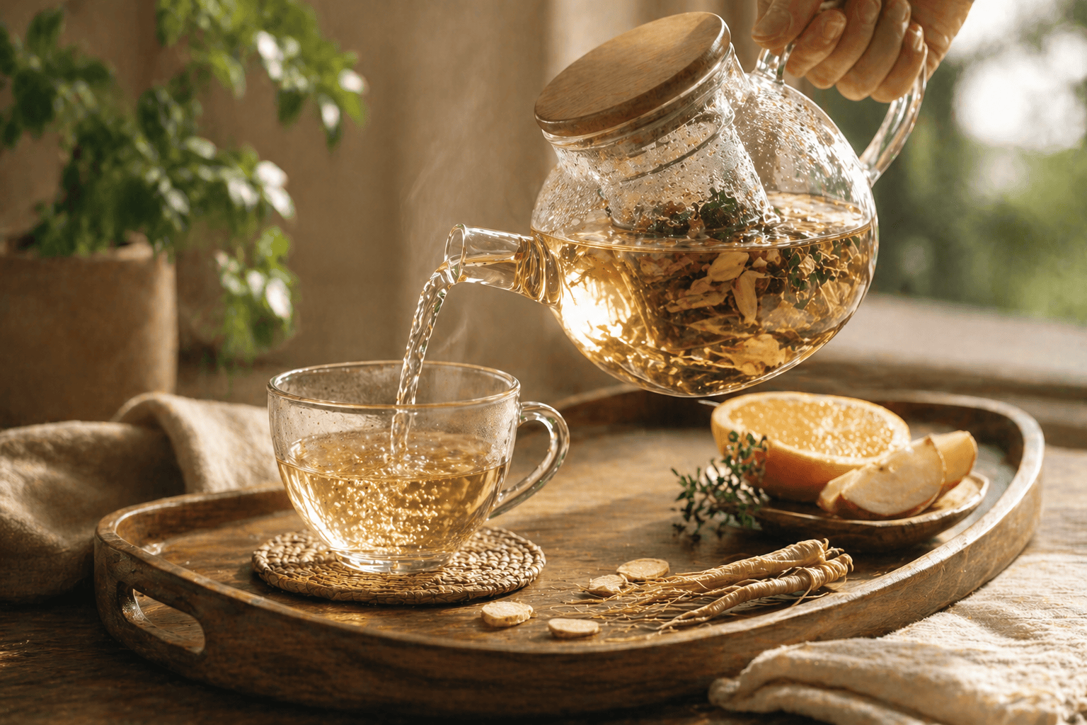 brewing ginseng tea as coffee replacement showing gradual transition to steady energy and focus