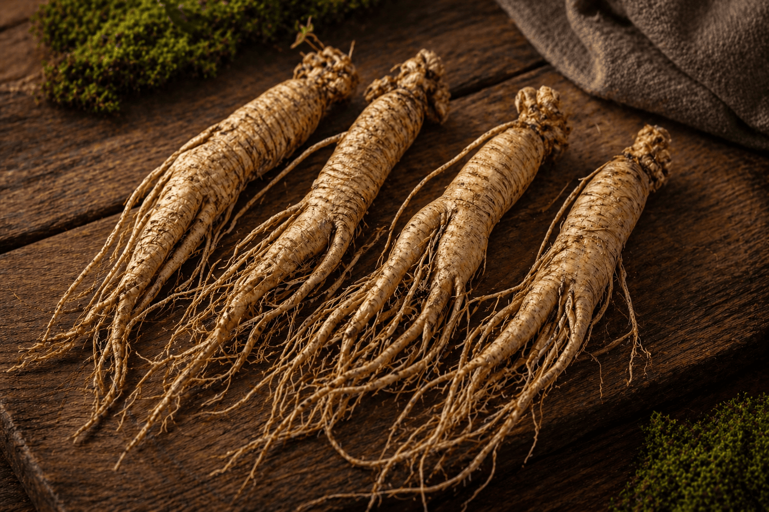 5-year Ontario ginseng roots on wooden surface showing premium North American ginseng potency and density