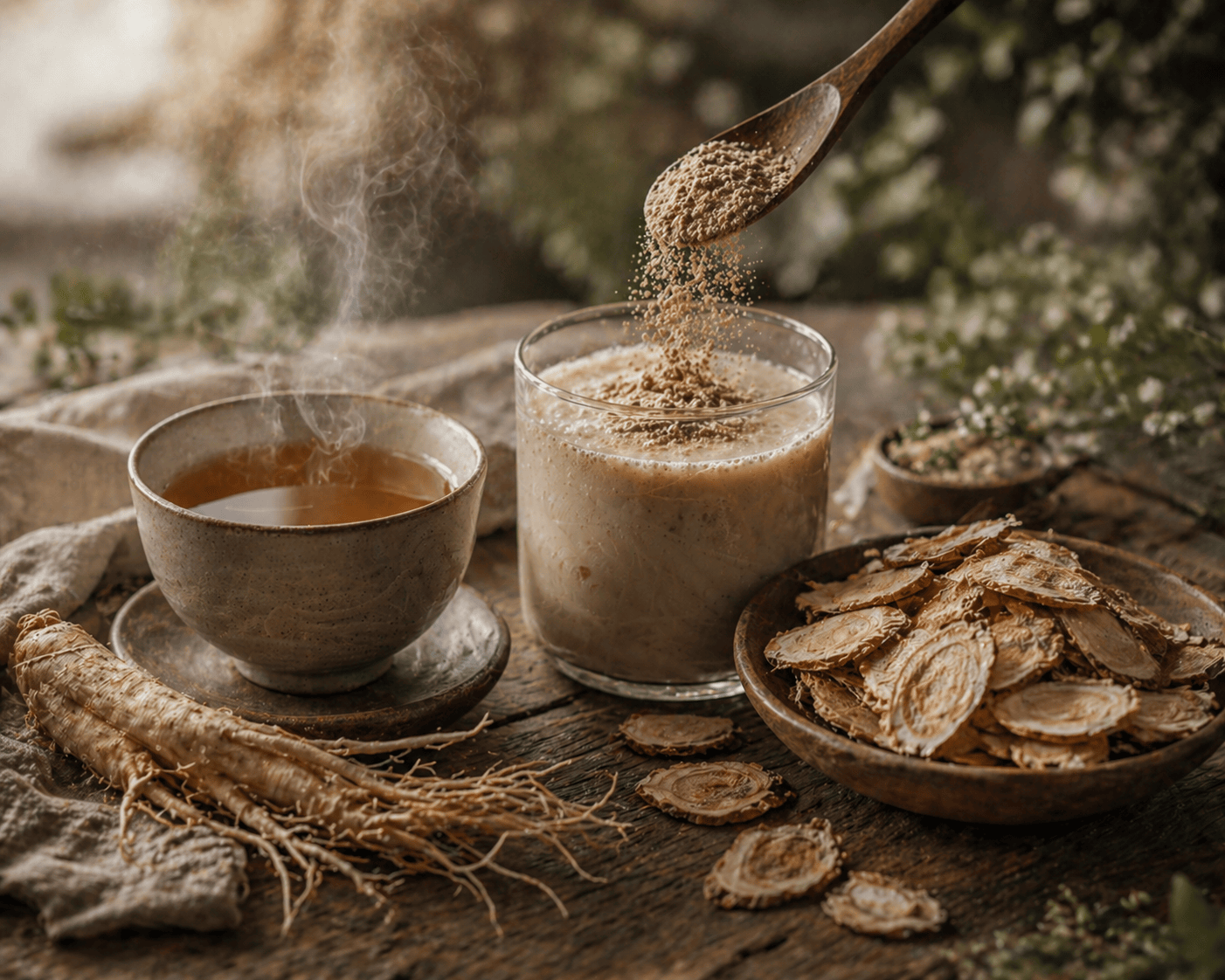 American ginseng tea powder and slices showing best ways to use for stress relief and cognitive health support