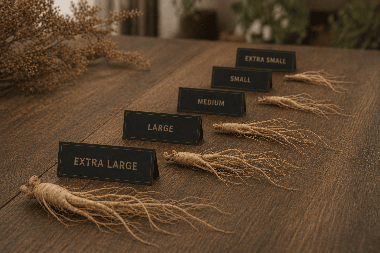 Ontario ginseng roots graded by size and quality showing density shape and premium classification levels