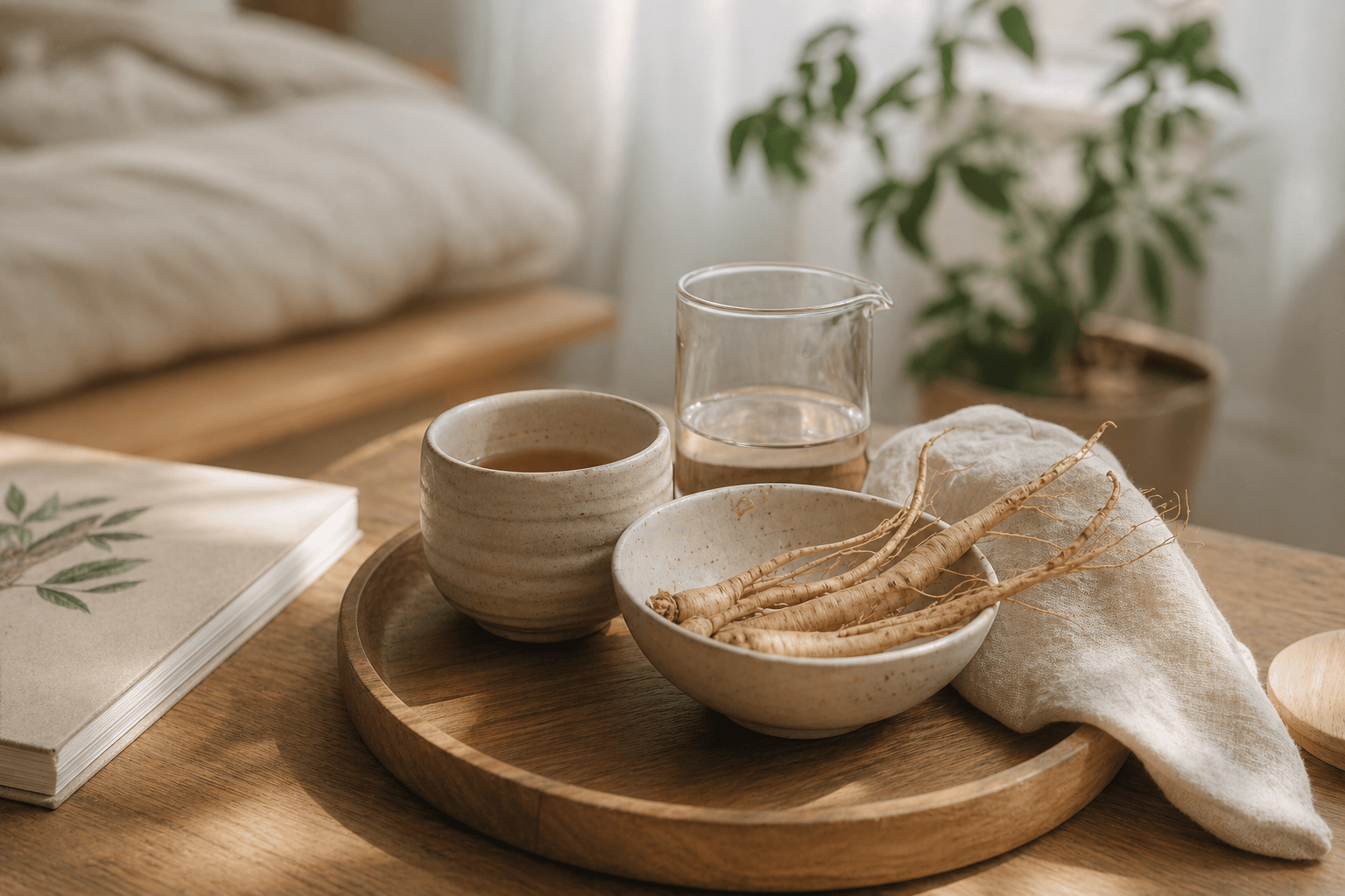American ginseng tea and powder showing final benefits for stress relief cognitive health and daily wellness support